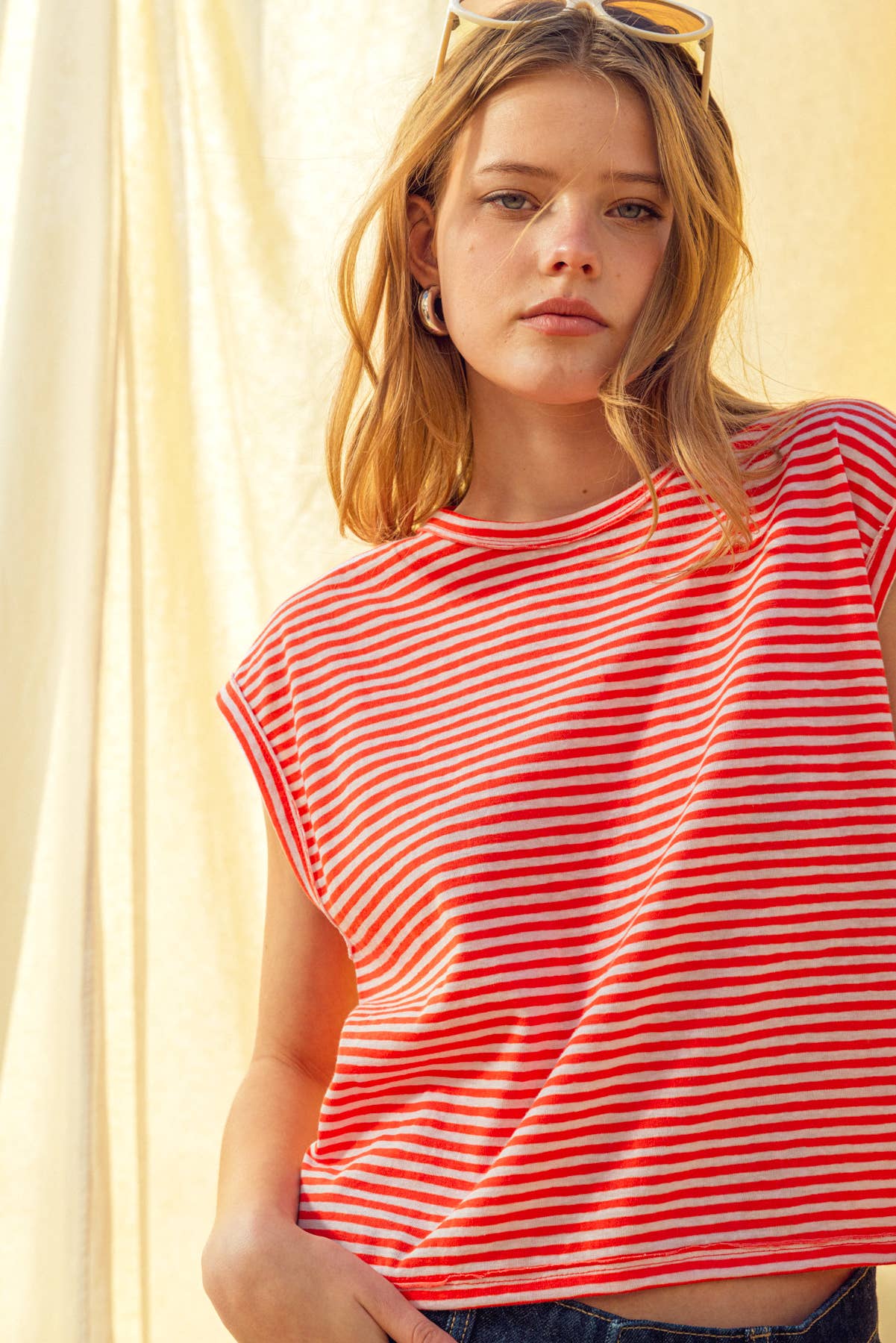 ET6213   STRIPE PATTERN SLUB TOP: TAN/WHITE / S