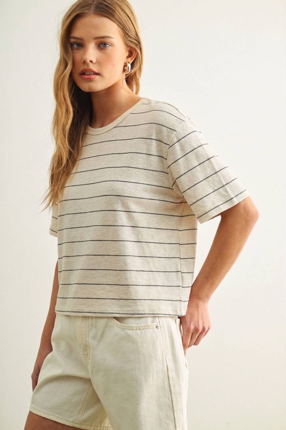 ET6395   STRIPE COTTON LINEN TOP: BEIGE/BLACK / L
