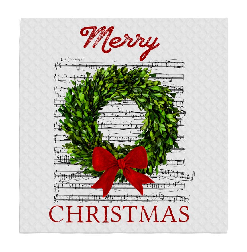 Merry Christmas Boxwood Wreath Swedish Dishcloth