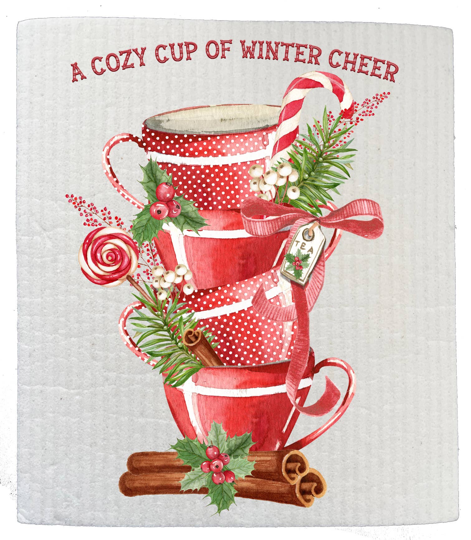 Christmas Tea Cups Winter Cheer Swedish Dishcloth