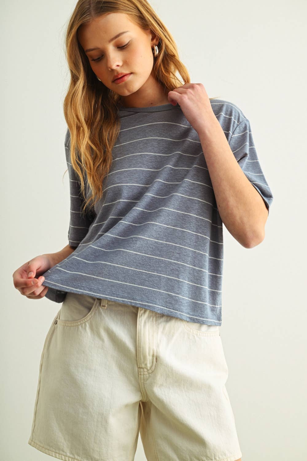 ET6395   STRIPE COTTON LINEN TOP: BEIGE/BLACK / L