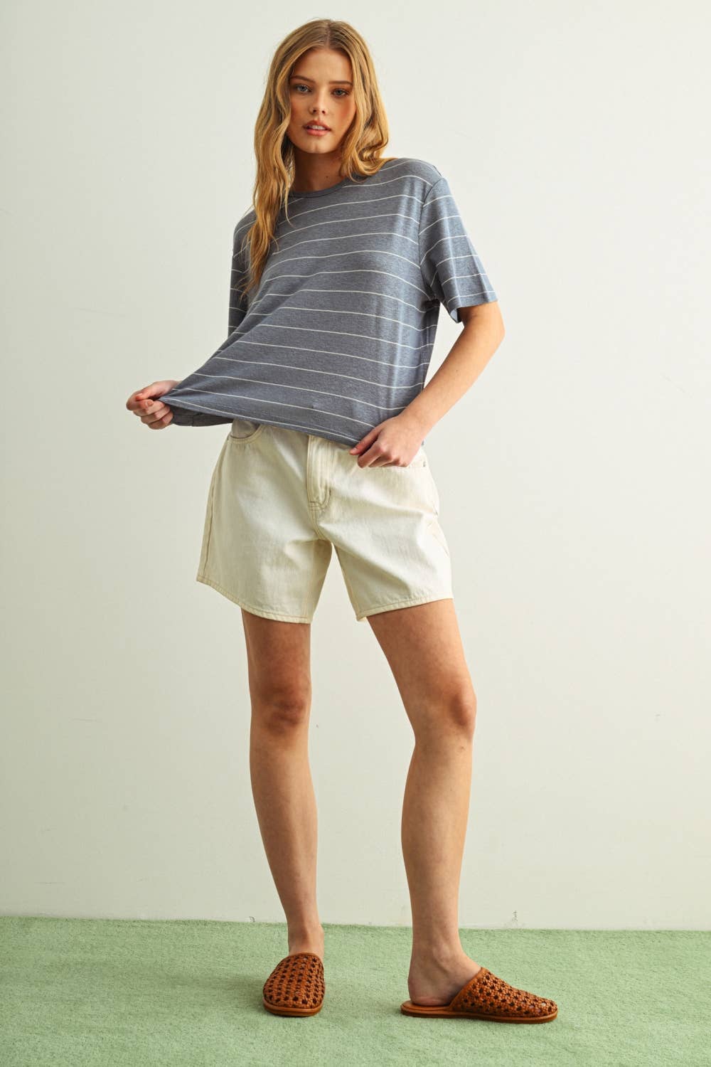 ET6395   STRIPE COTTON LINEN TOP: BEIGE/BLACK / M