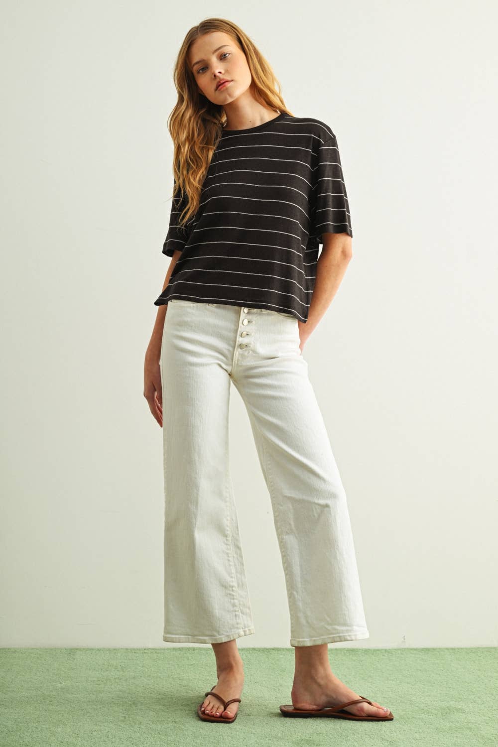 ET6395   STRIPE COTTON LINEN TOP: BEIGE/BLACK / L