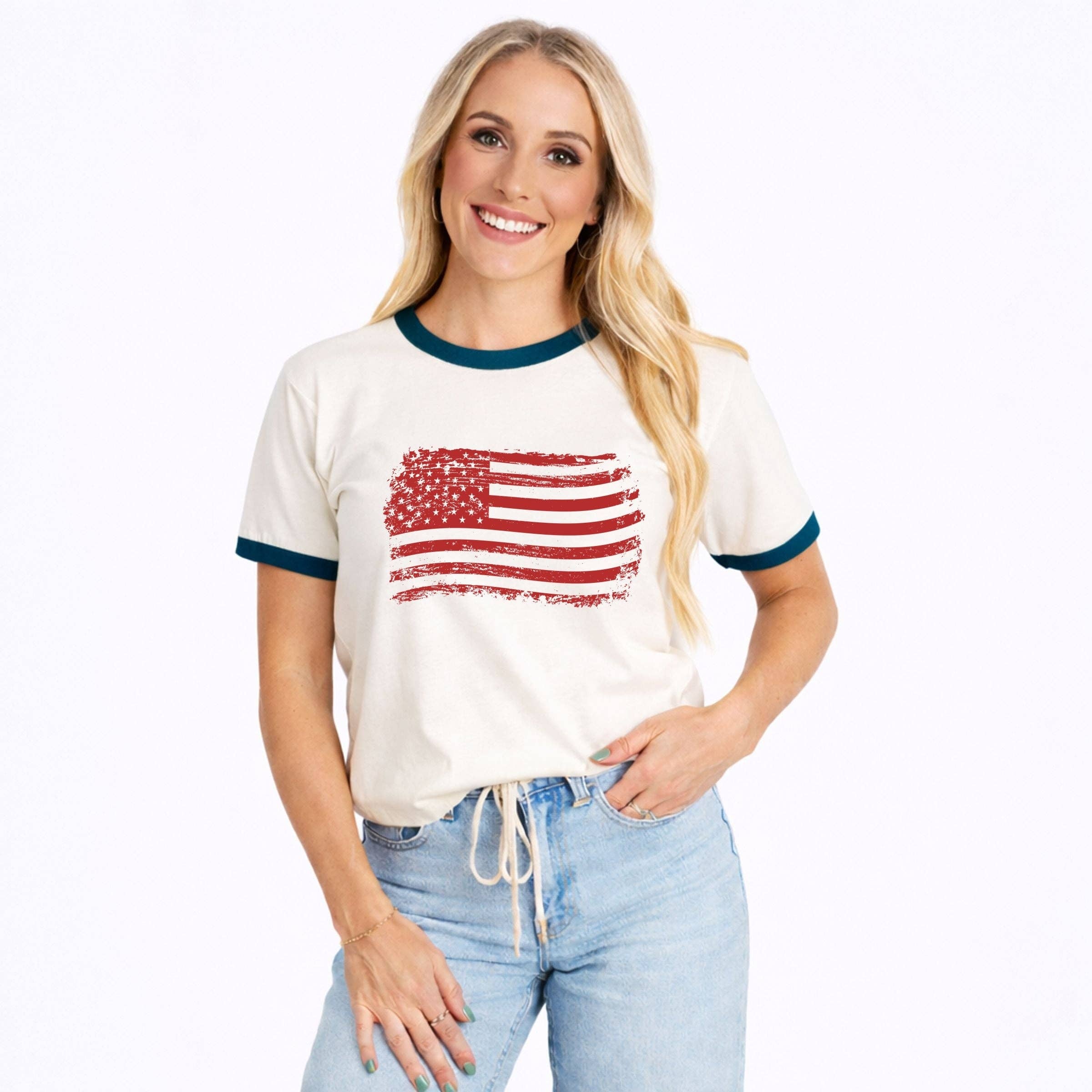 Vintage Navy USA Flag Ringer Tee