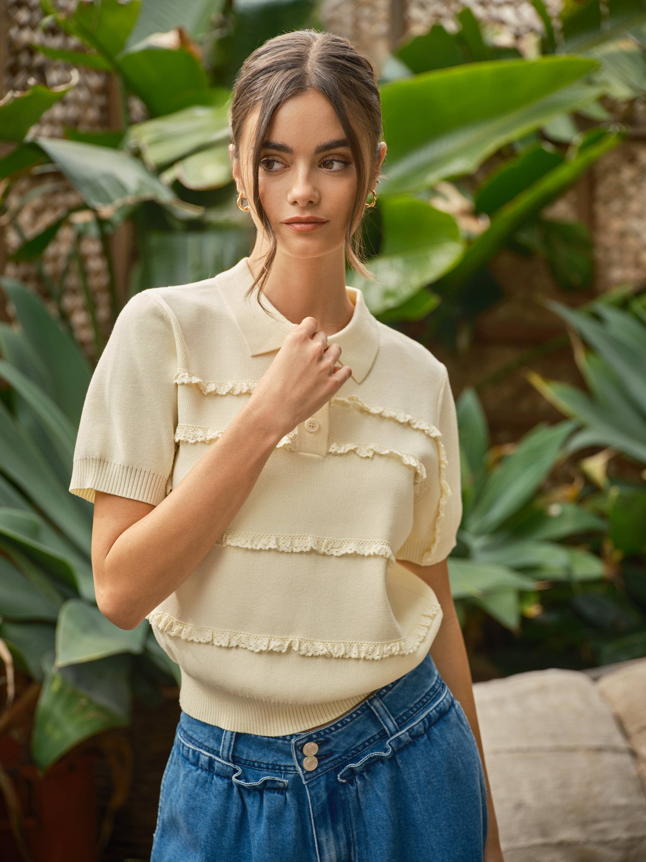 AJT5687 POLO LACE DETAIL SWEATER TOP: OFF WHITE / L