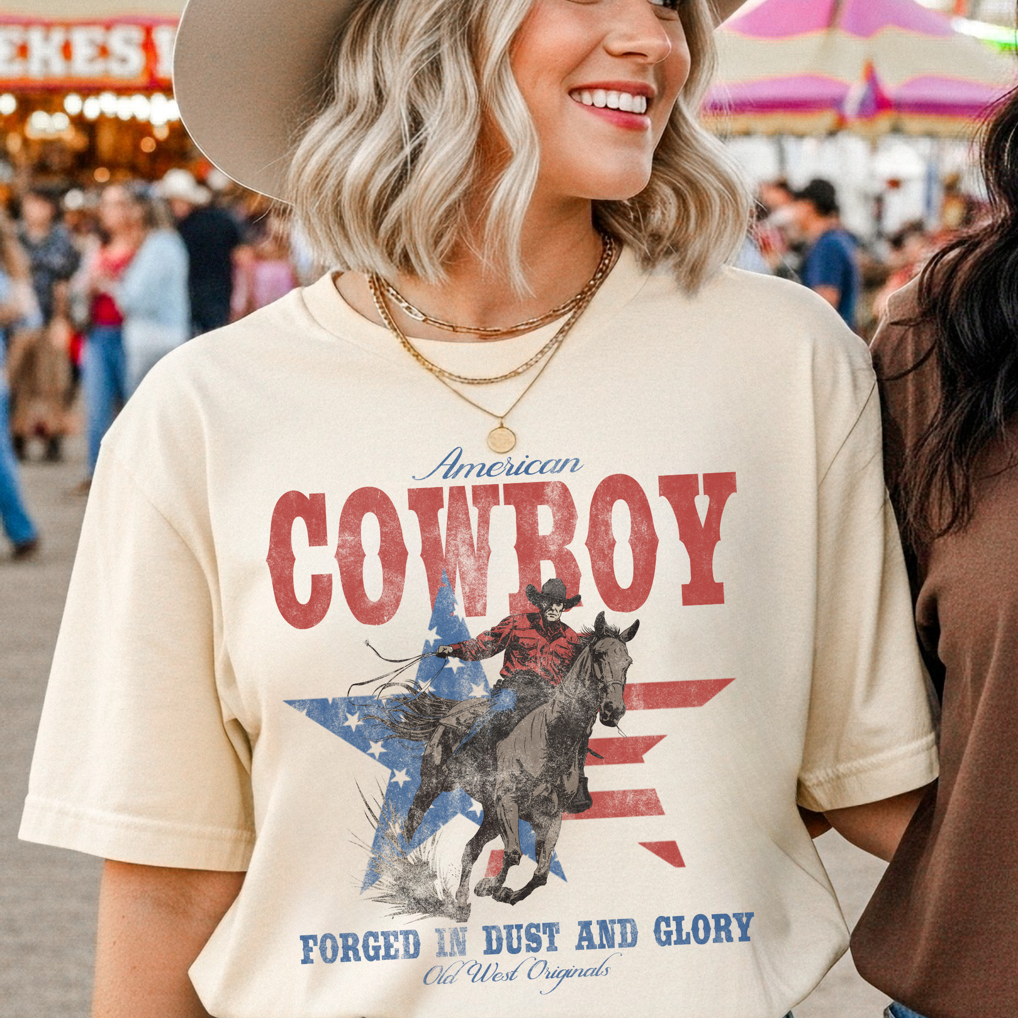 American Cowboy Graphic Tee – Vintage Western Rodeo Shirt: White / S