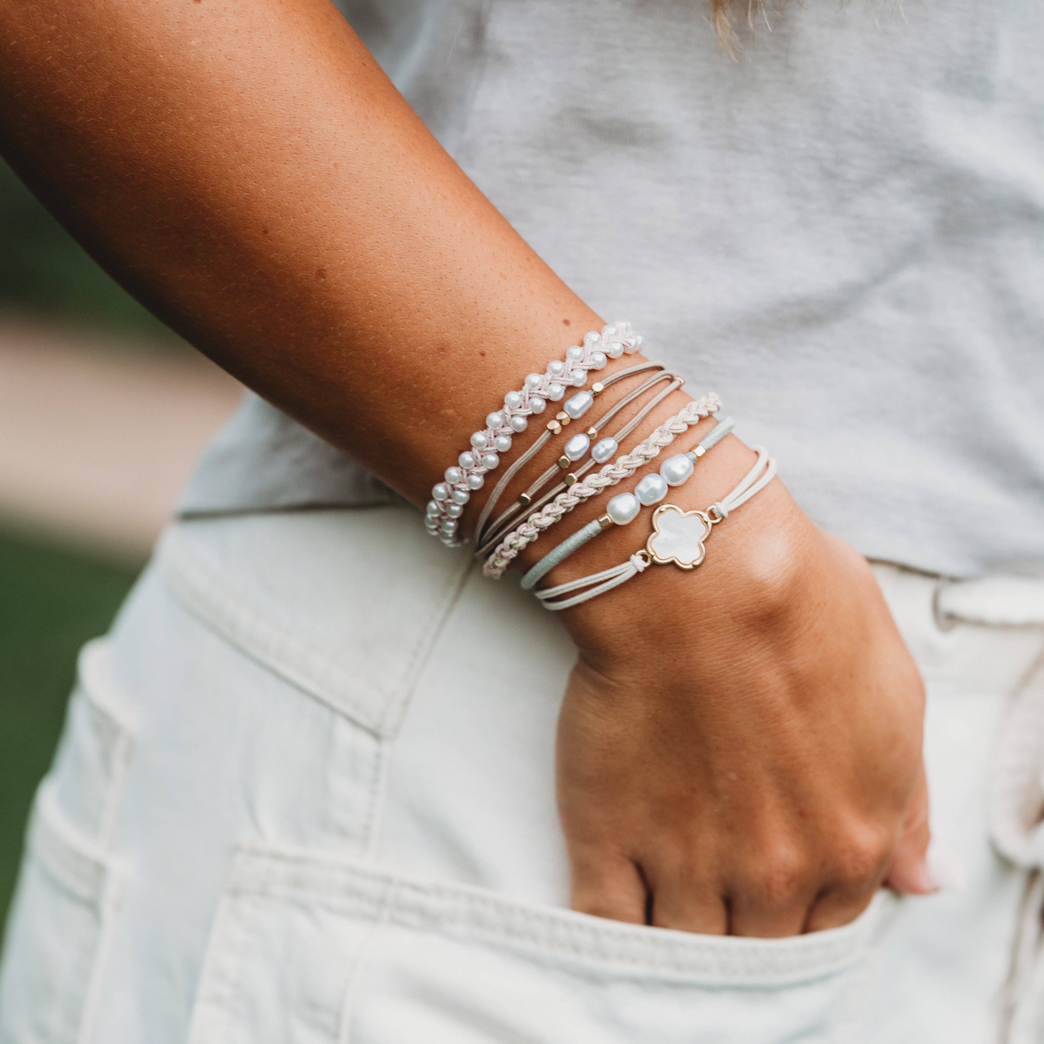 "Glimmer" Soft Pinks with Pearl and Gold Accent Hair Tie Bracelets: Small