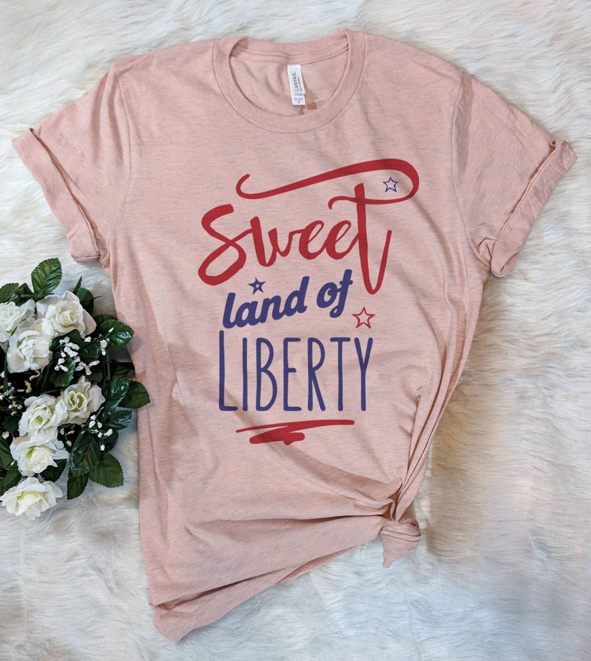 Sweet Land of Liberty -  USA Fun July 4th Patriotic T-Shirt: Prism Peach / LG
