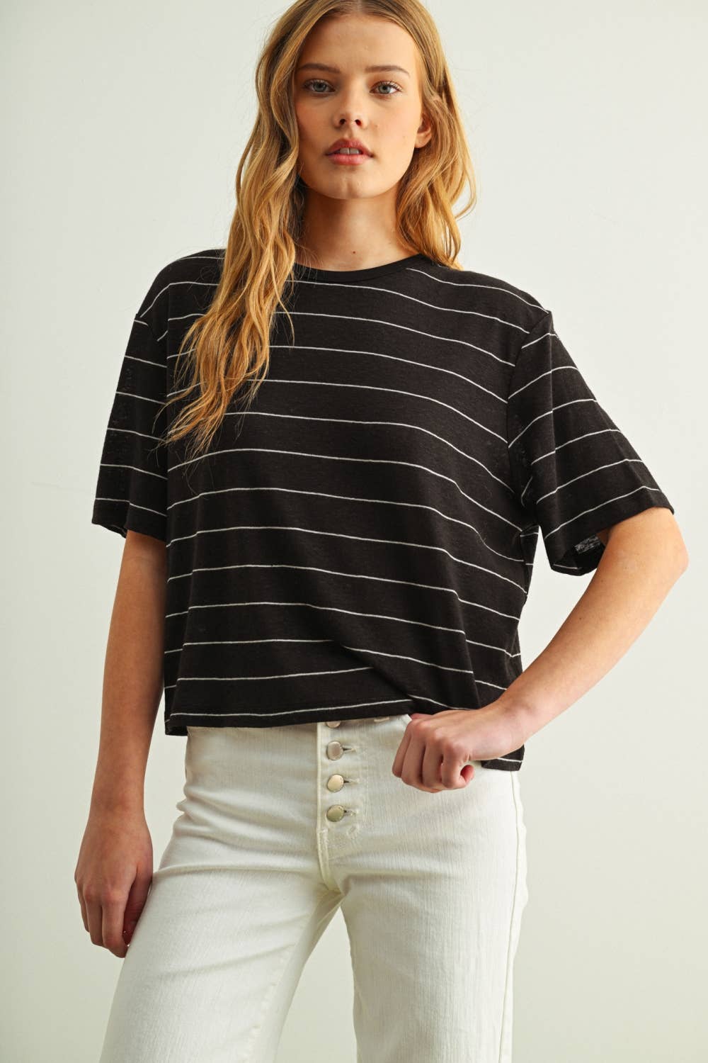 ET6395   STRIPE COTTON LINEN TOP: BEIGE/BLACK / L