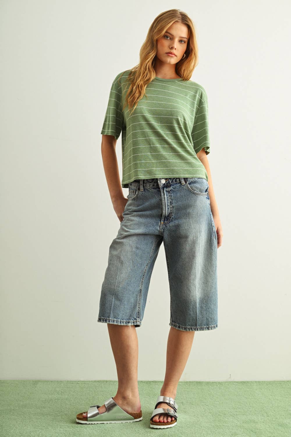ET6395   STRIPE COTTON LINEN TOP: BEIGE/BLACK / L