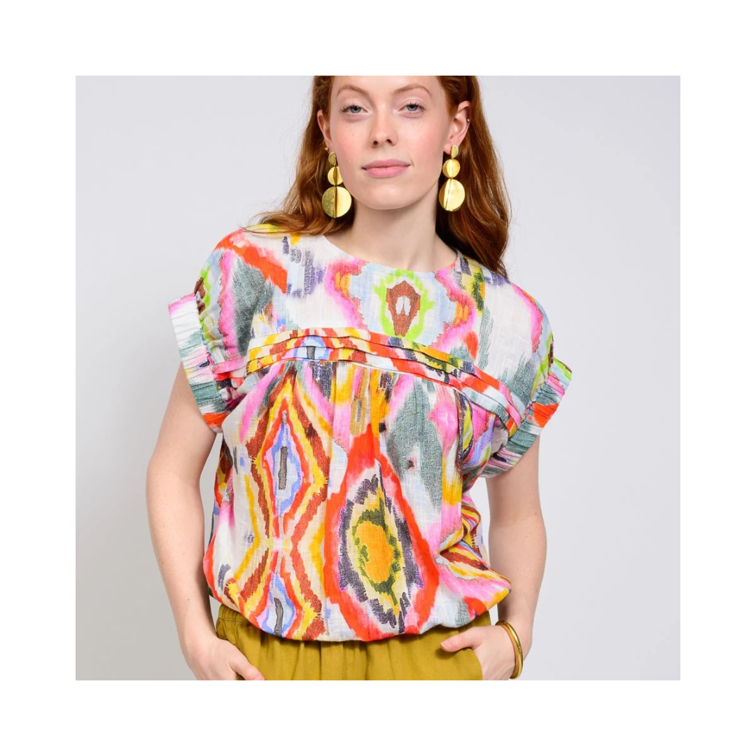 Geneva Elastic Waist Ikat Popover Top