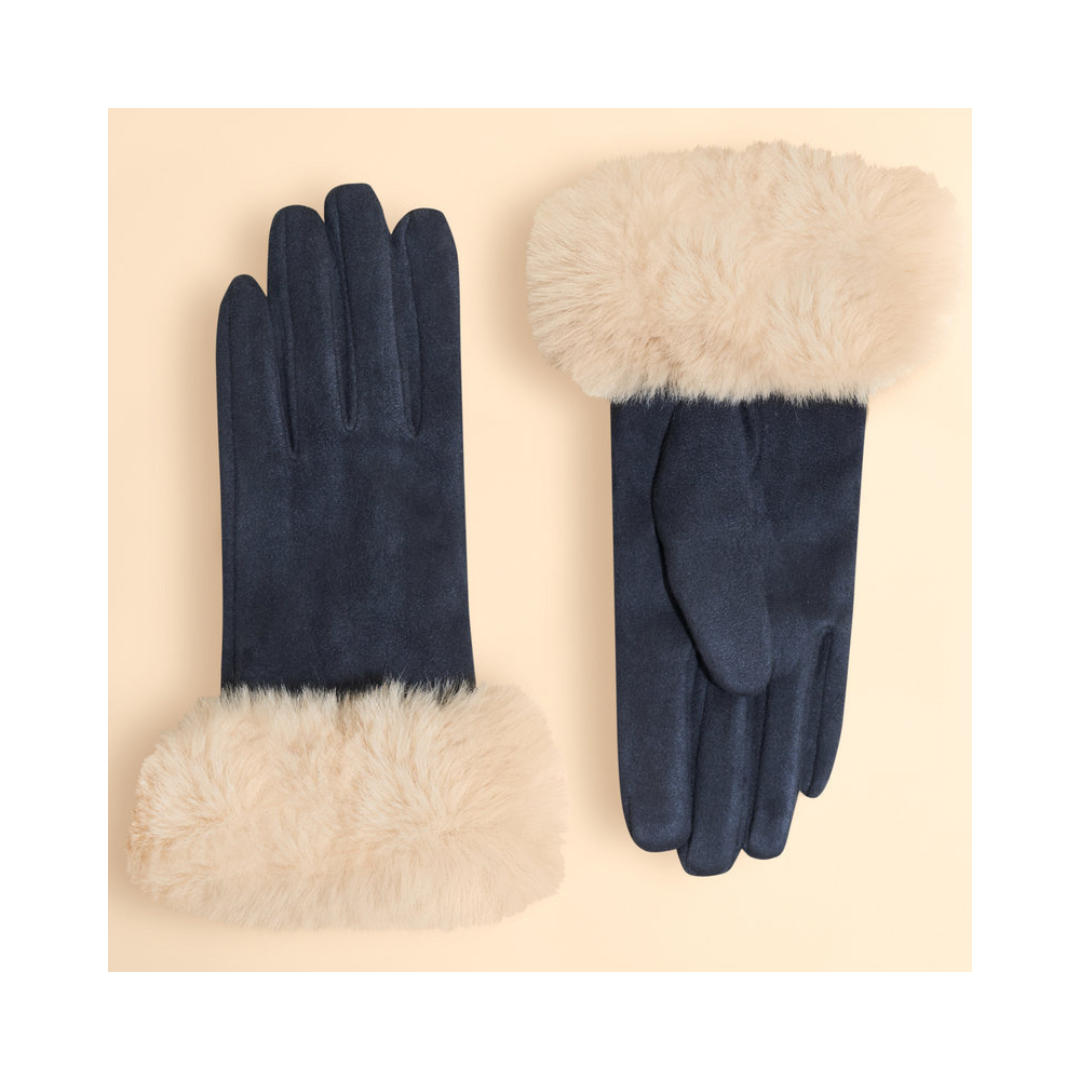 Navy Cream Bettina Faux Suede Fur Gloves