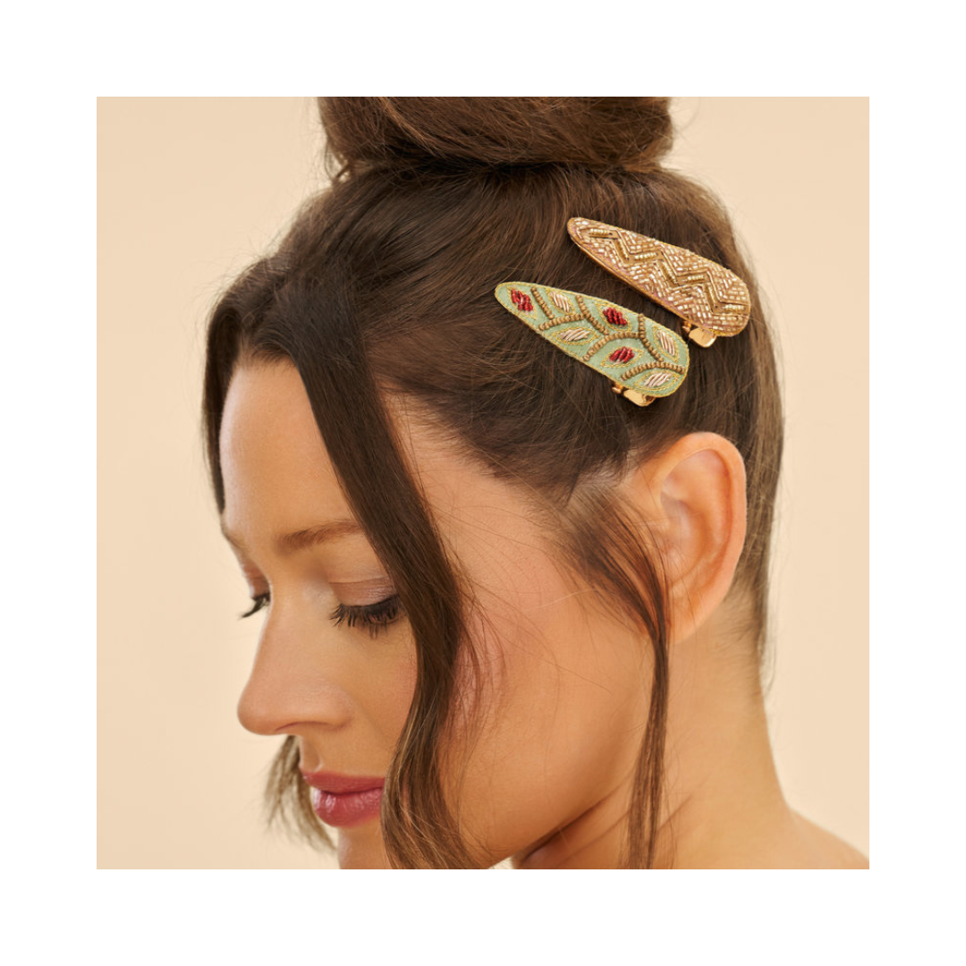 Cream Sage Zig Zag Abstract Hair Clips