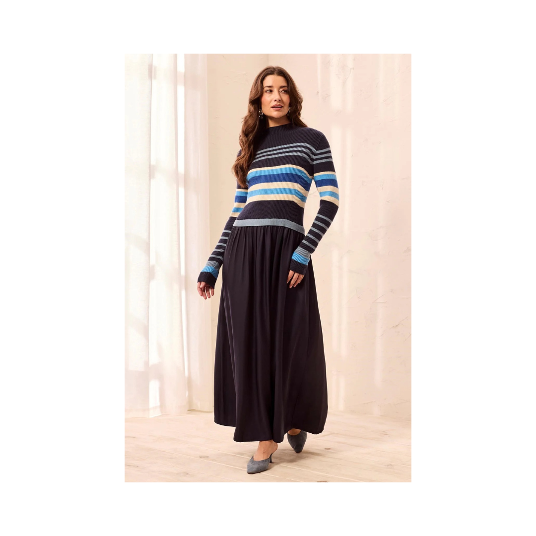 Blue Fog Mixed Media Ribbed Knit Maxi Dress