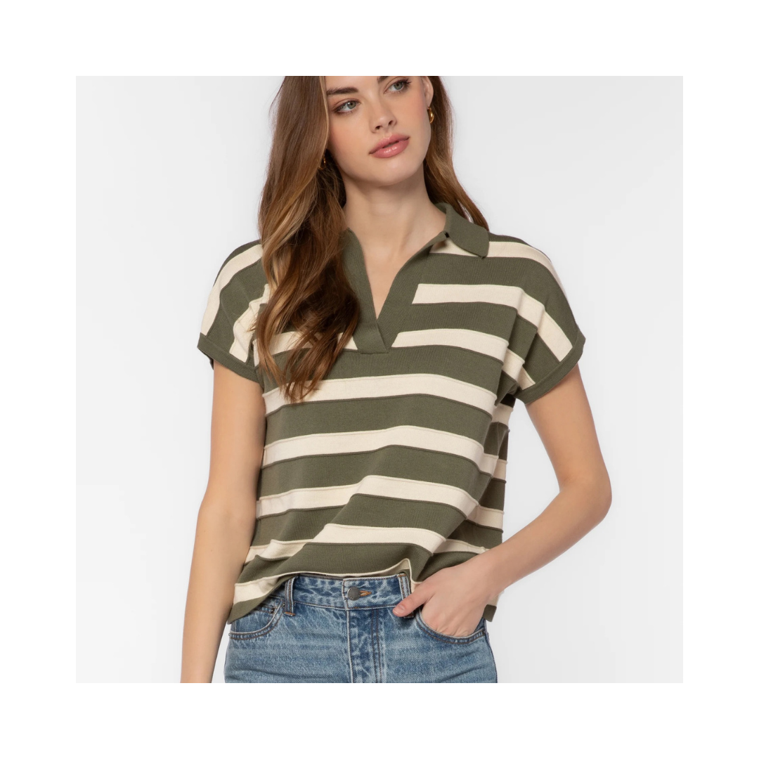 Olive Stripe Annabelle Short Sleeve Sweater