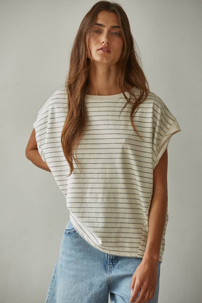 RJ3529 | Knit Striped Jersey Round Neck Short Sleeve Top: Cream Black / L