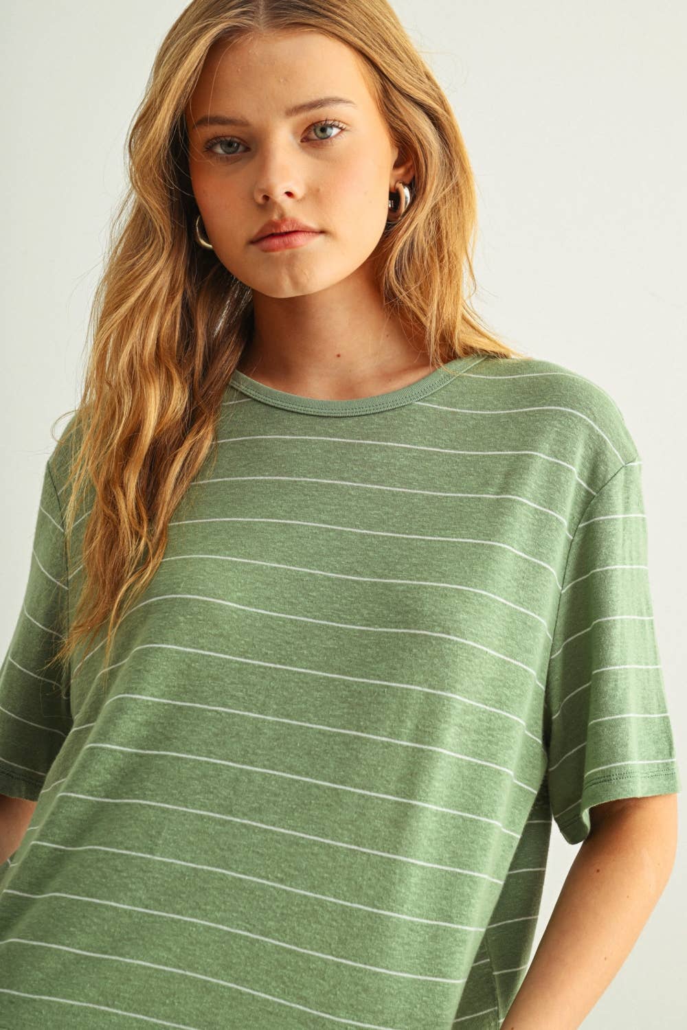 ET6395   STRIPE COTTON LINEN TOP: BEIGE/BLACK / M