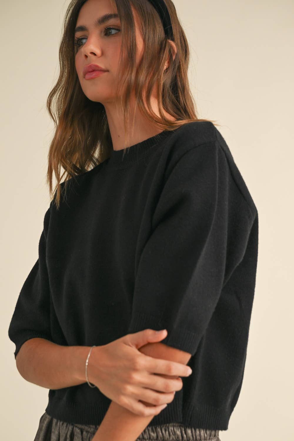 T3675   SHORT SLEEVE SWEATER TOP: CASHMERE BLUE / S
