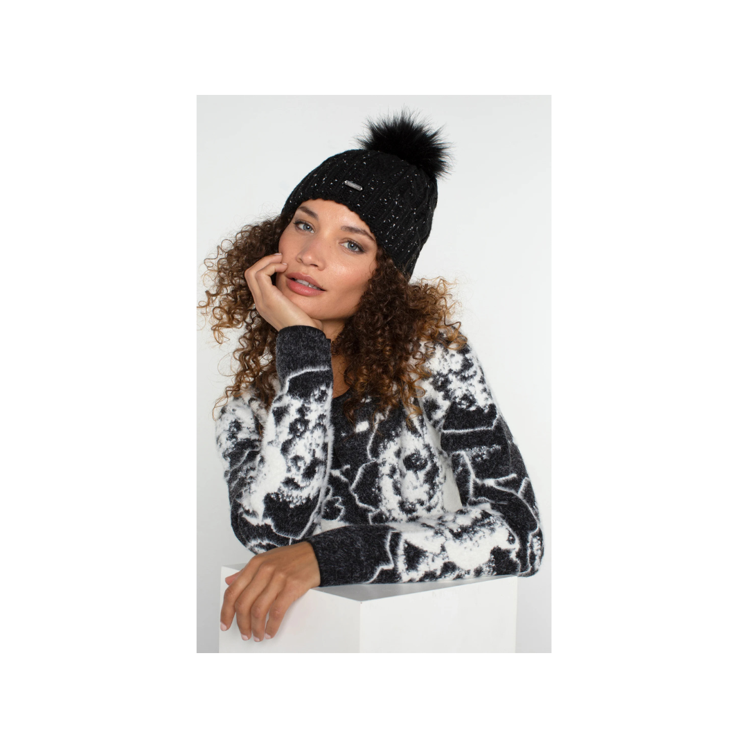 Black With White Flecks Beanie with Pom Pom Black