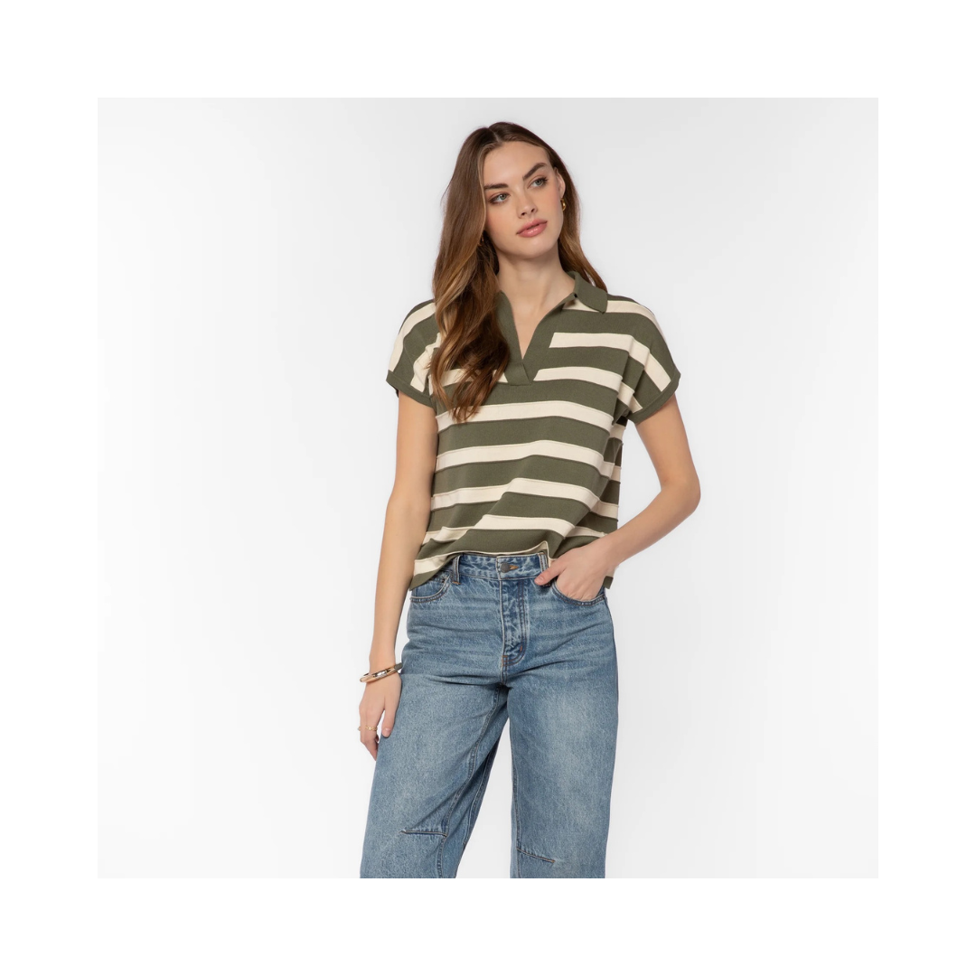 Olive Stripe Annabelle Short Sleeve Sweater