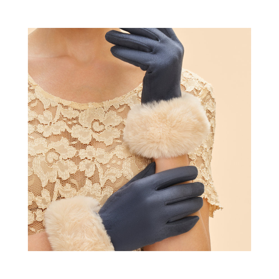 Navy Cream Bettina Faux Suede Fur Gloves