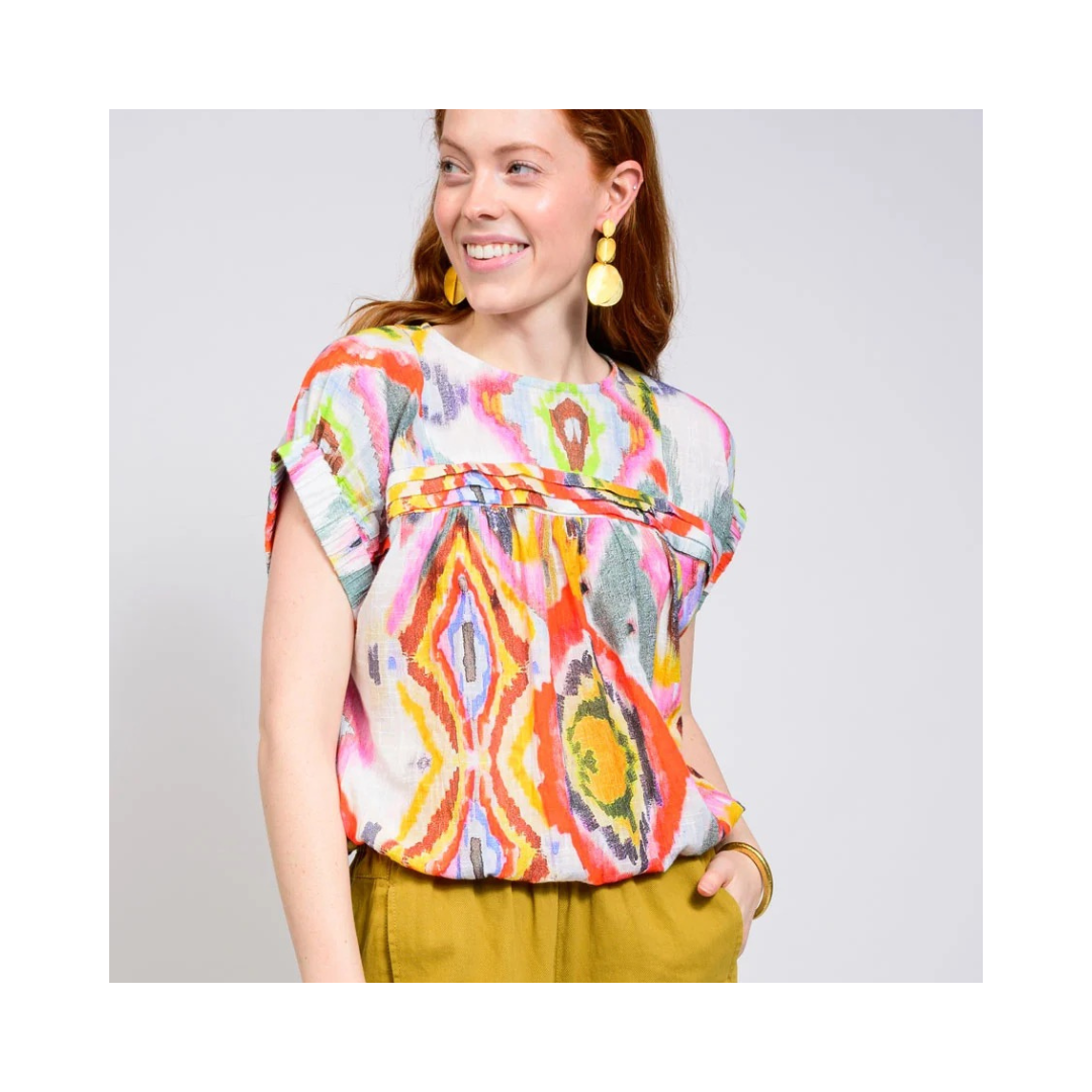 Geneva Elastic Waist Ikat Popover Top