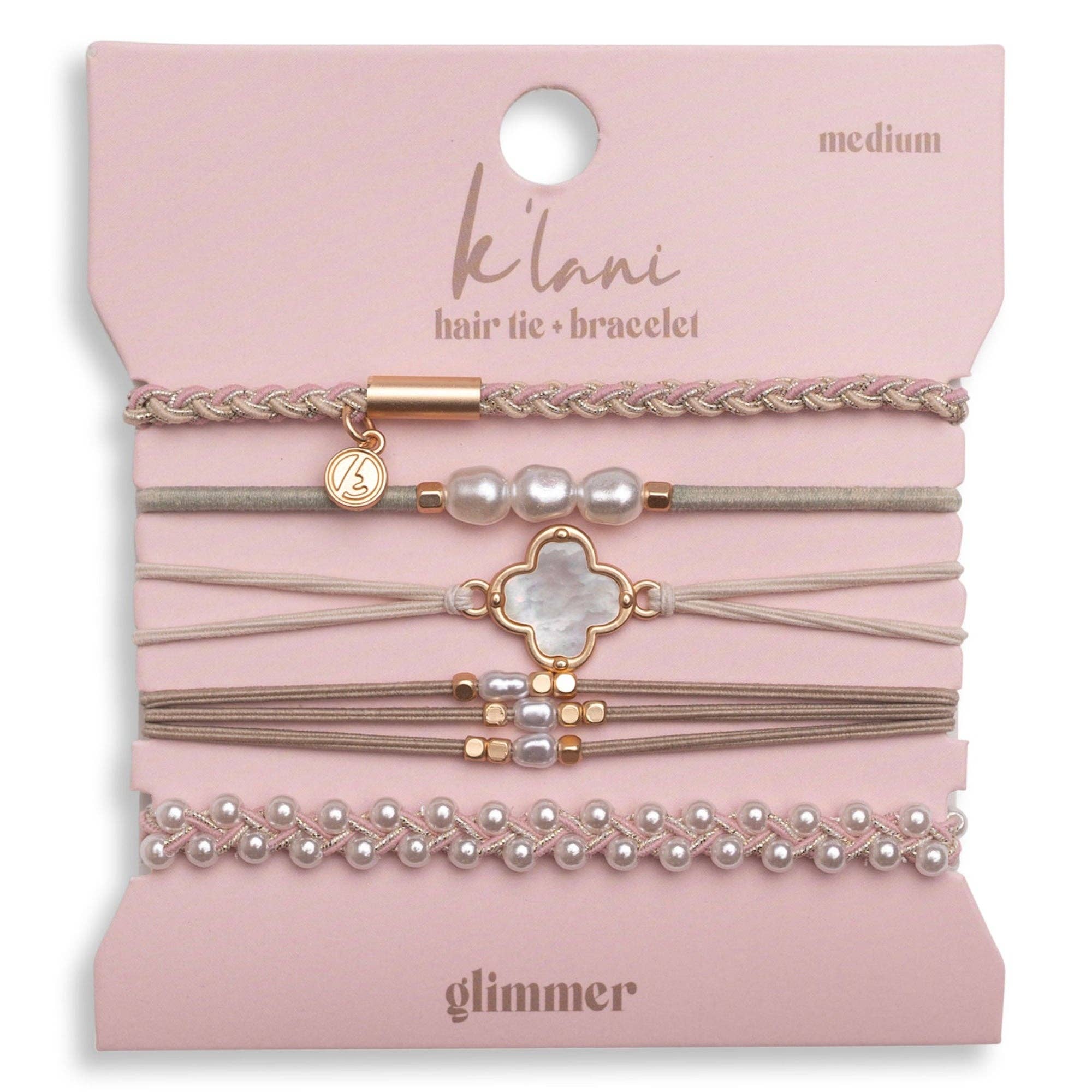 "Glimmer" Soft Pinks with Pearl and Gold Accent Hair Tie Bracelets: Small