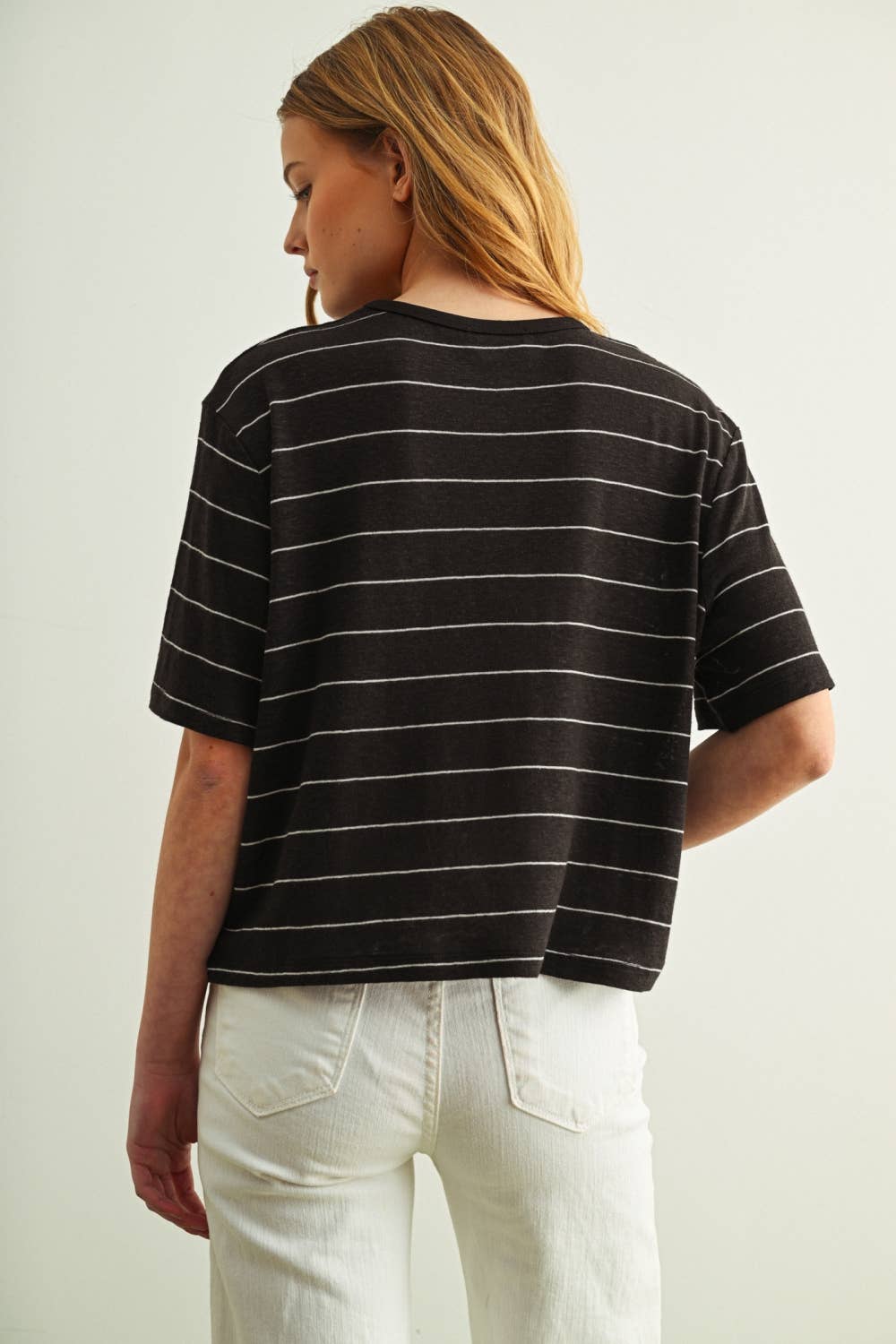 ET6395   STRIPE COTTON LINEN TOP: BEIGE/BLACK / S