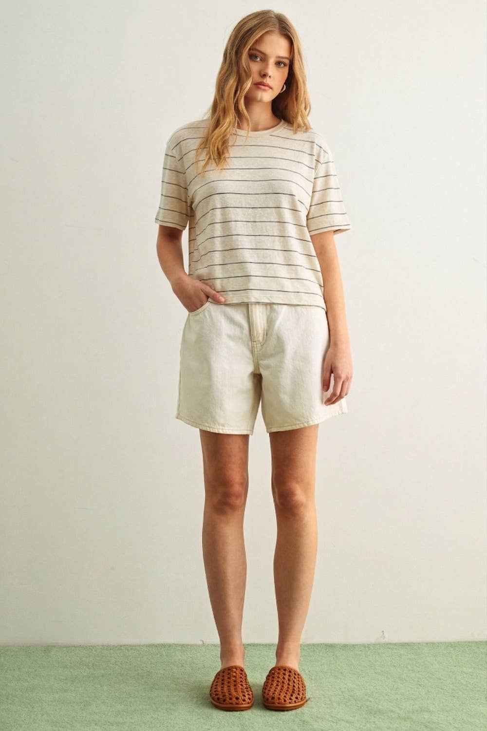 ET6395   STRIPE COTTON LINEN TOP: BEIGE/BLACK / S