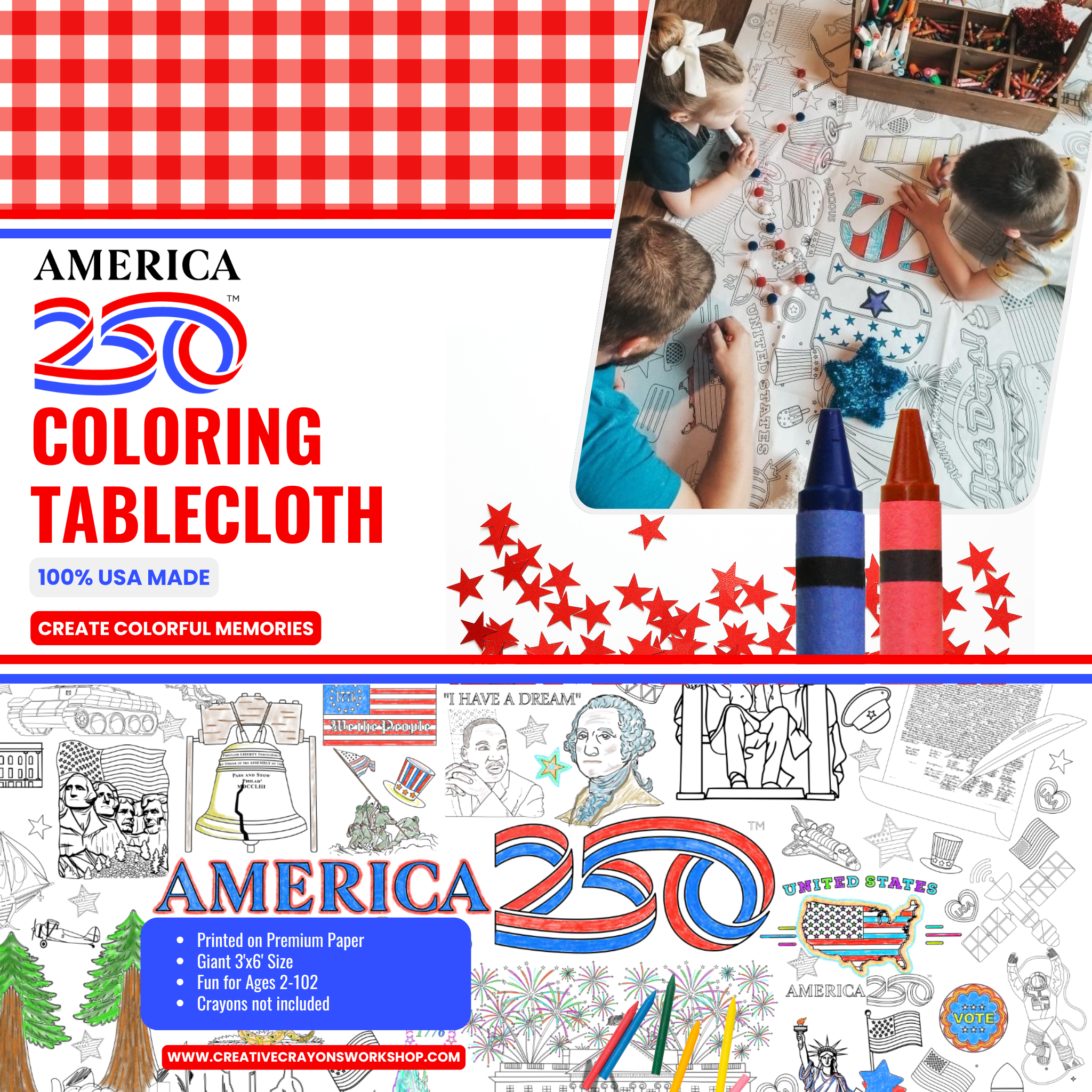 USA Patriotic America 250 Coloring Tablecloth With Crayons 3ft x 6ft