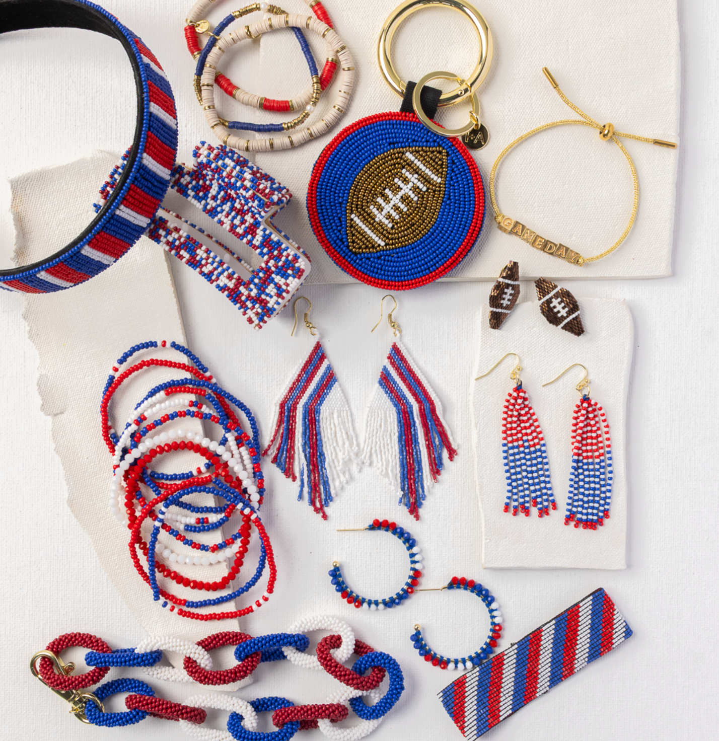 Game Day Color Block Beaded 10 Strand Stretch Bracelets Red and Blue Wholesale