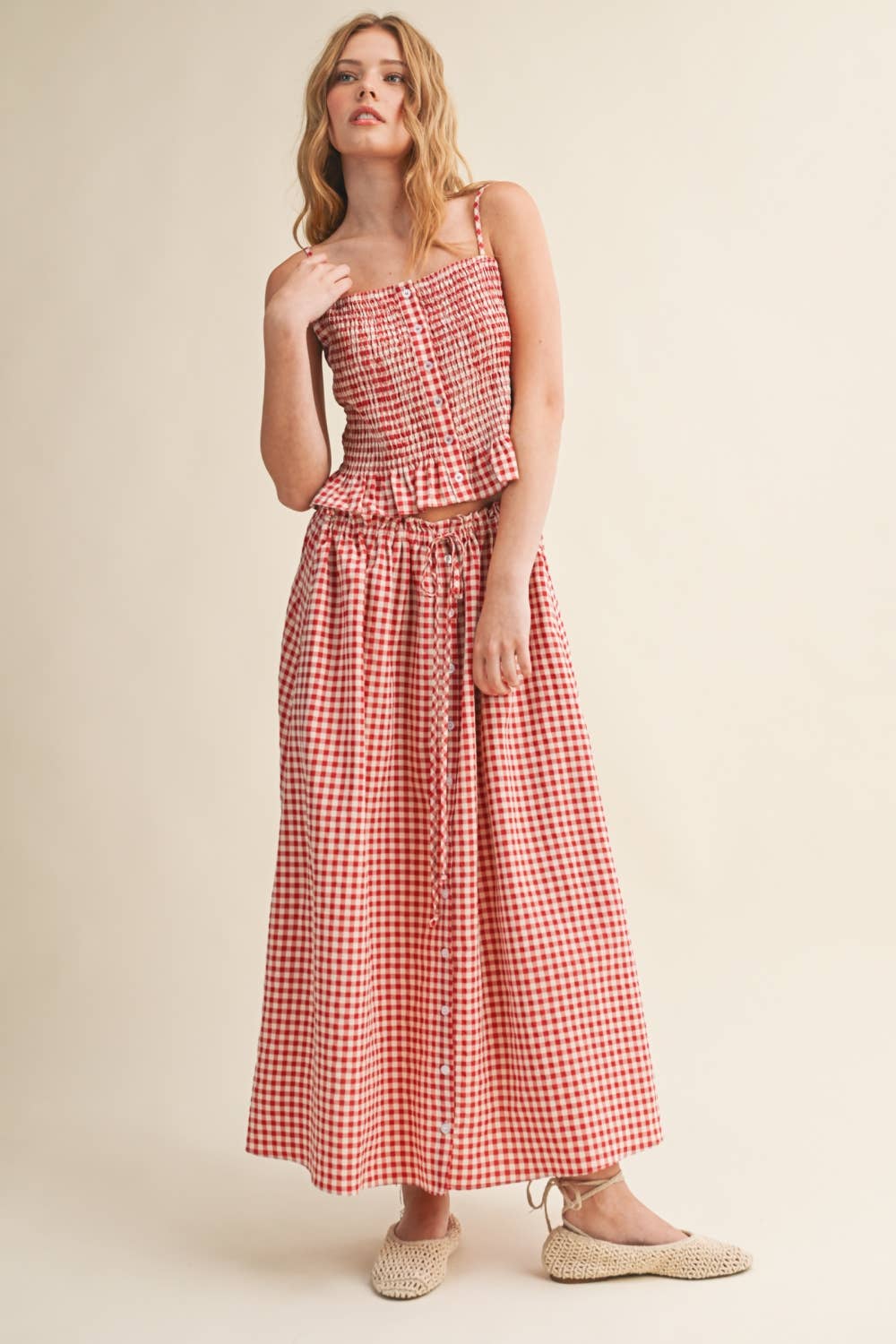 S5994ST   GINGHAM PATTERN BUTTON FRONT LONG SKIRT: RED / M