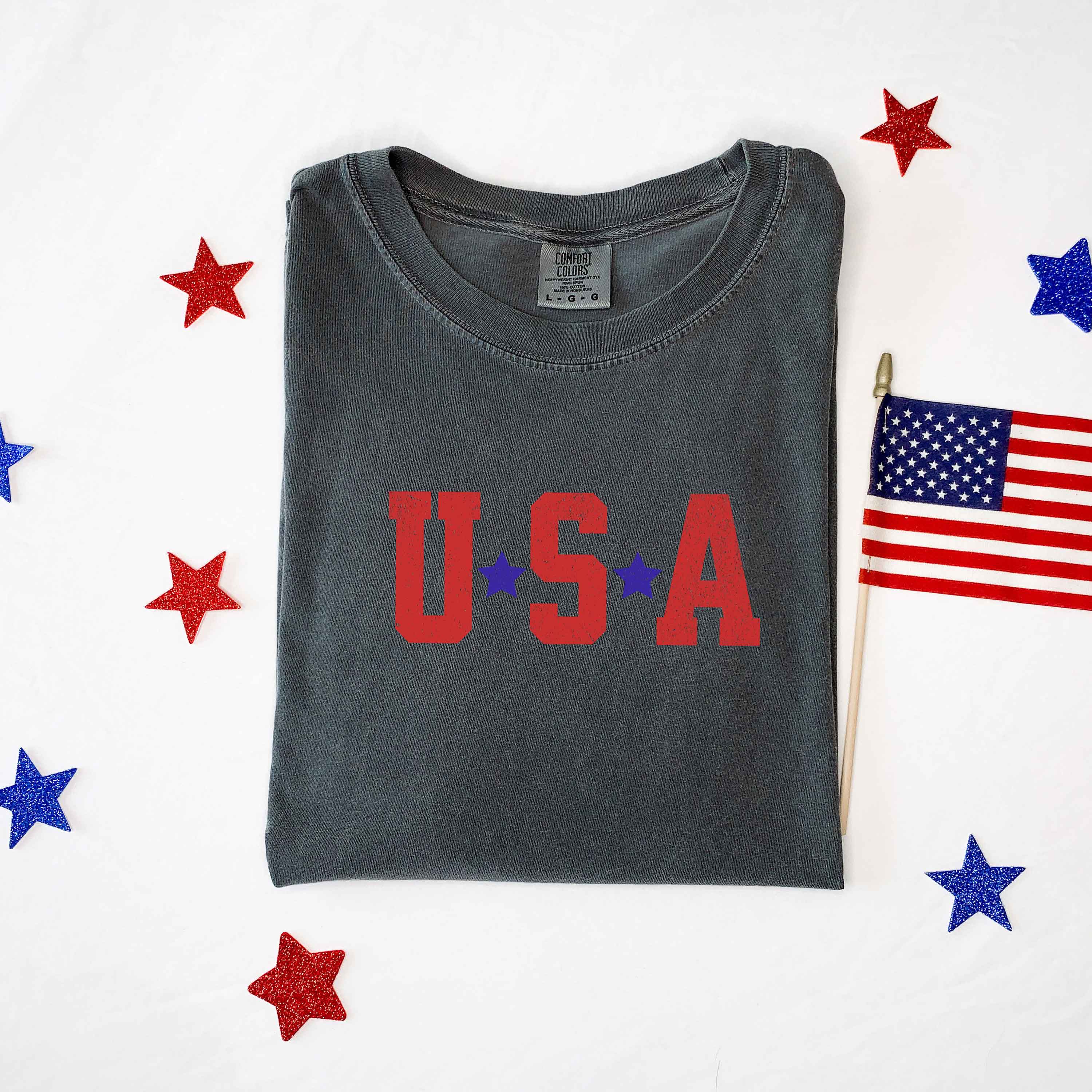 USA Stars | Garment Dyed Tee | Patriotic: Large / Multi Color Ink / Blue Jean