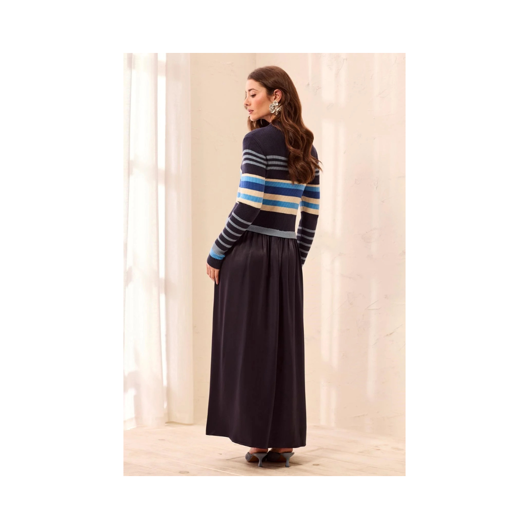 Blue Fog Mixed Media Ribbed Knit Maxi Dress