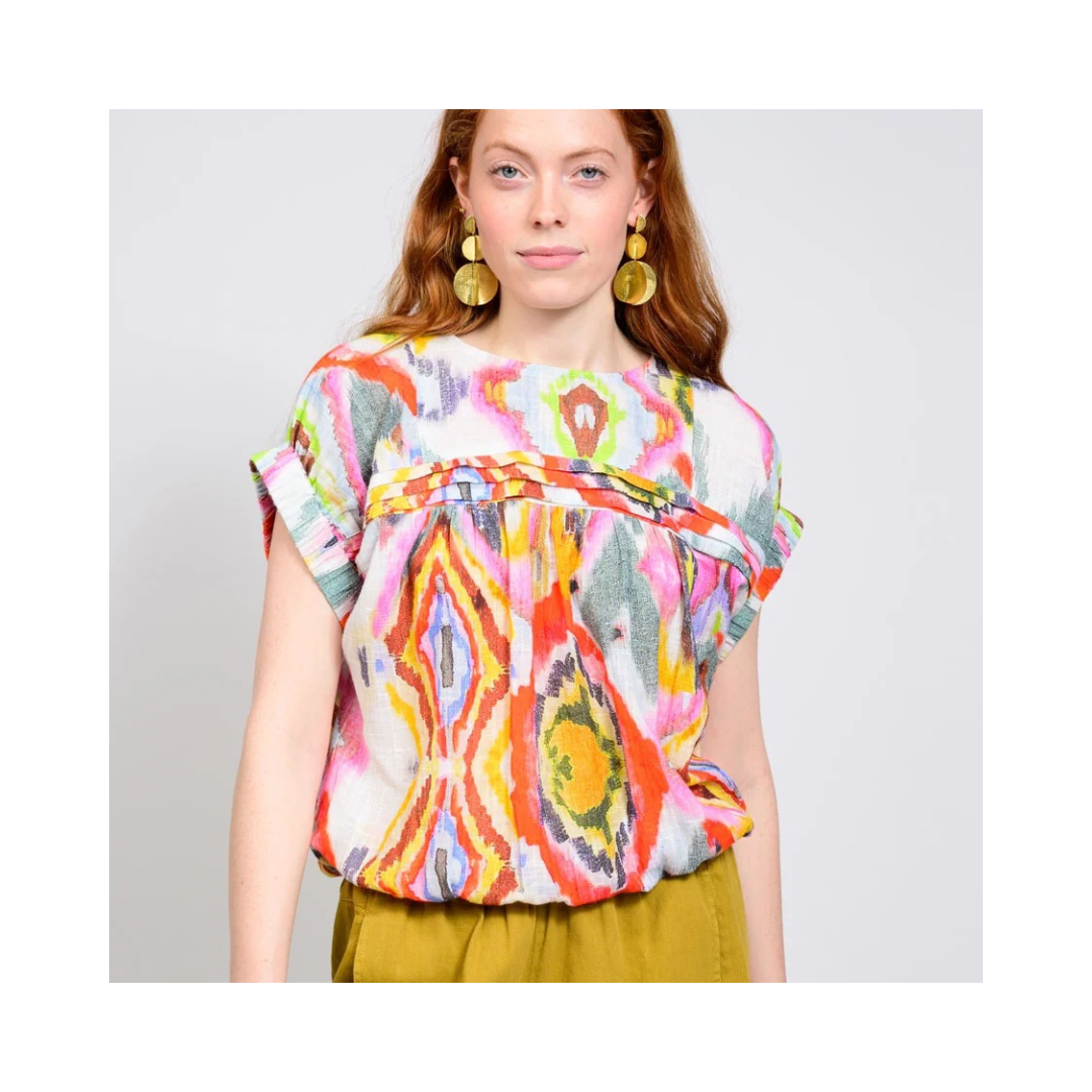 Geneva Elastic Waist Ikat Popover Top
