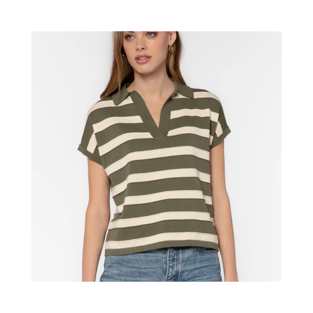 Olive Stripe Annabelle Short Sleeve Sweater