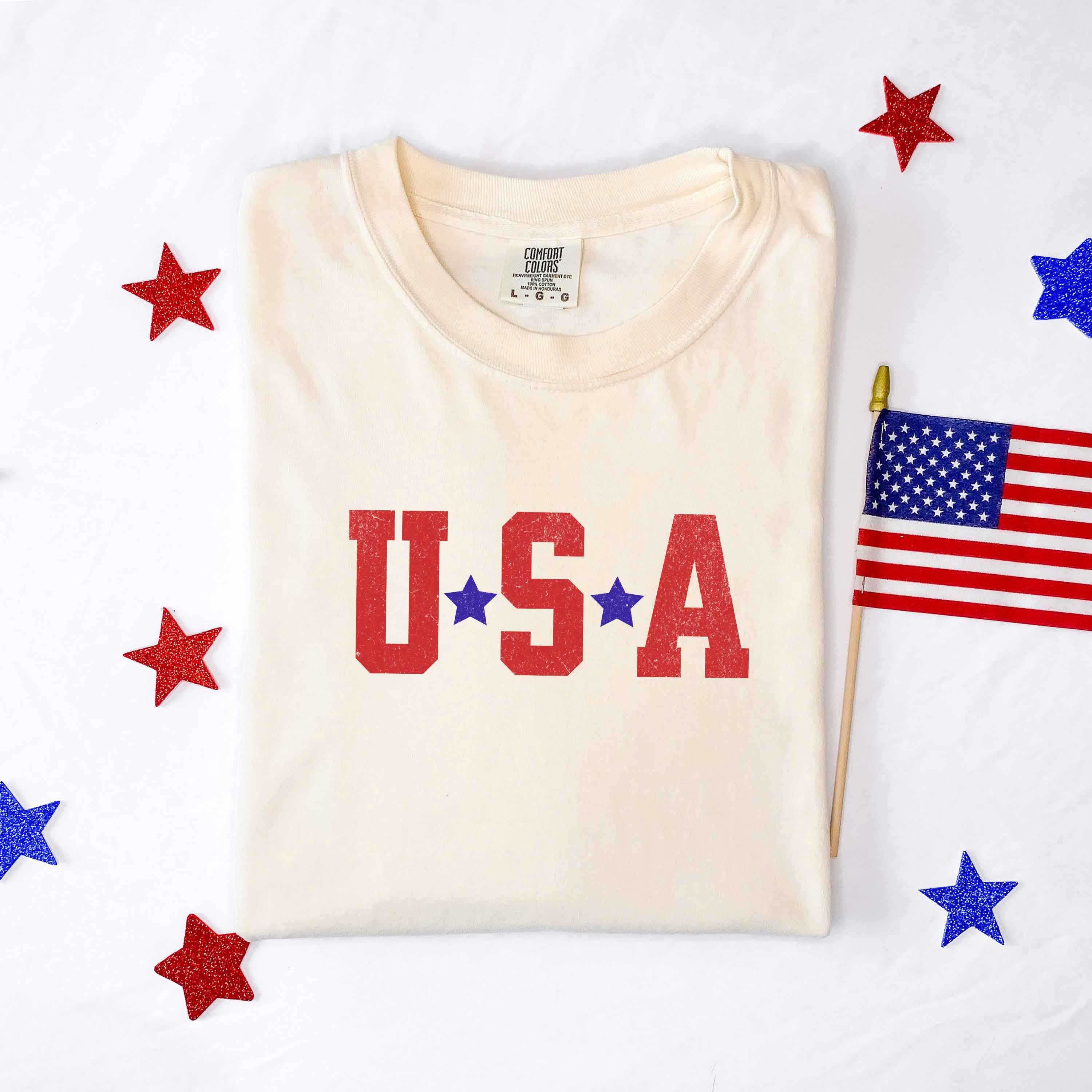 USA Stars | Garment Dyed Tee | Patriotic: Small / Multi Color Ink / Blue Jean