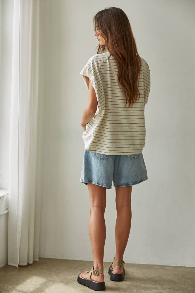RJ3529 | Knit Striped Jersey Round Neck Short Sleeve Top: Cream Black / M
