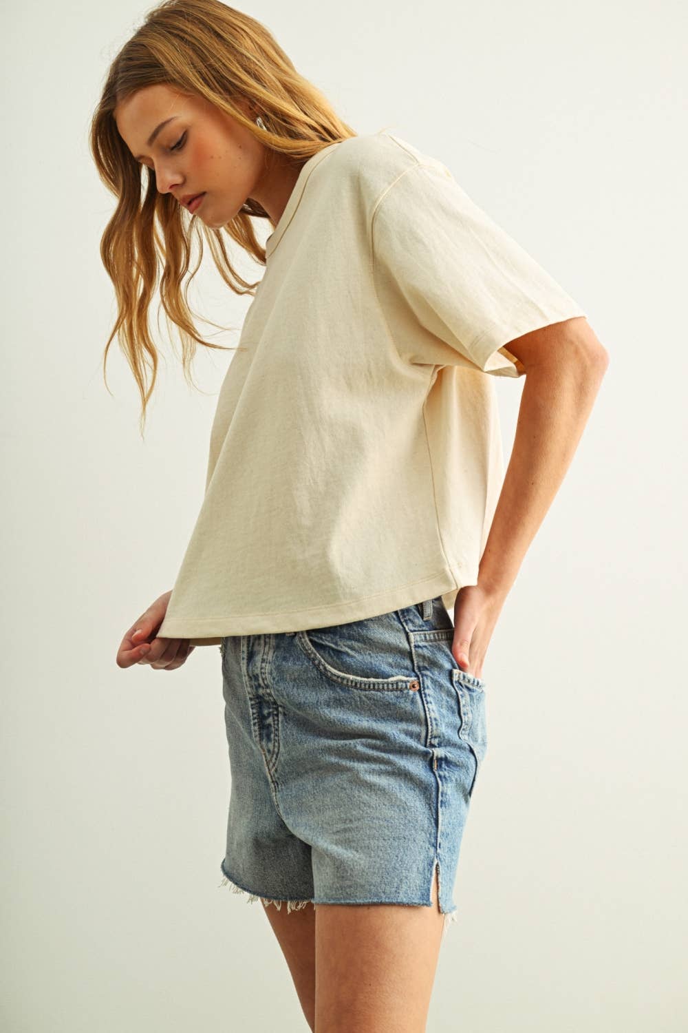 ET6399   SHORT SLEEVE LINEN KNITTED TOP: OATMEAL / L