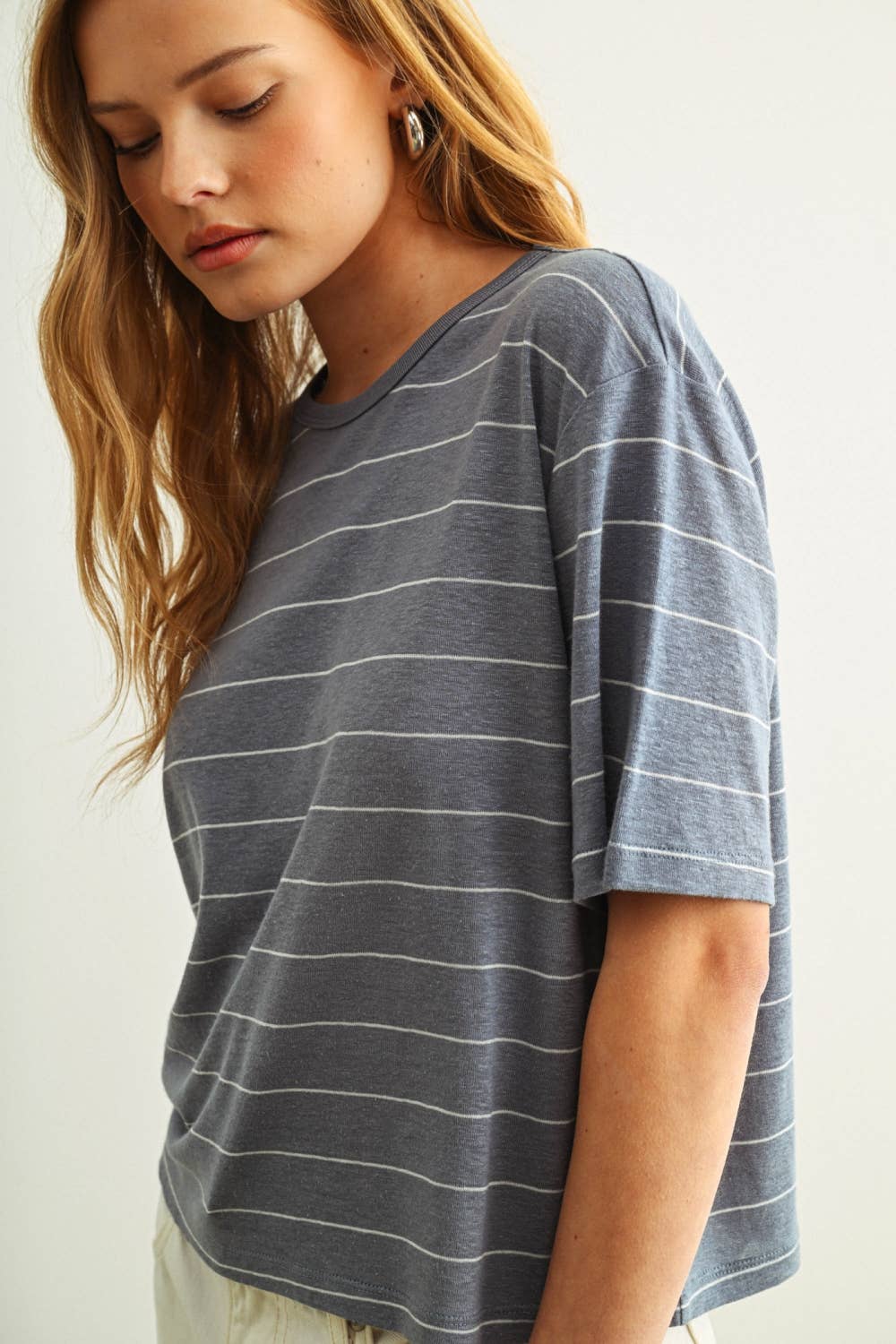 ET6395   STRIPE COTTON LINEN TOP: BEIGE/BLACK / S
