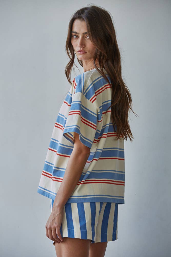 L9696 | Knit Cotton Multi Striped Short Sleeve Top: Cream Blue / L