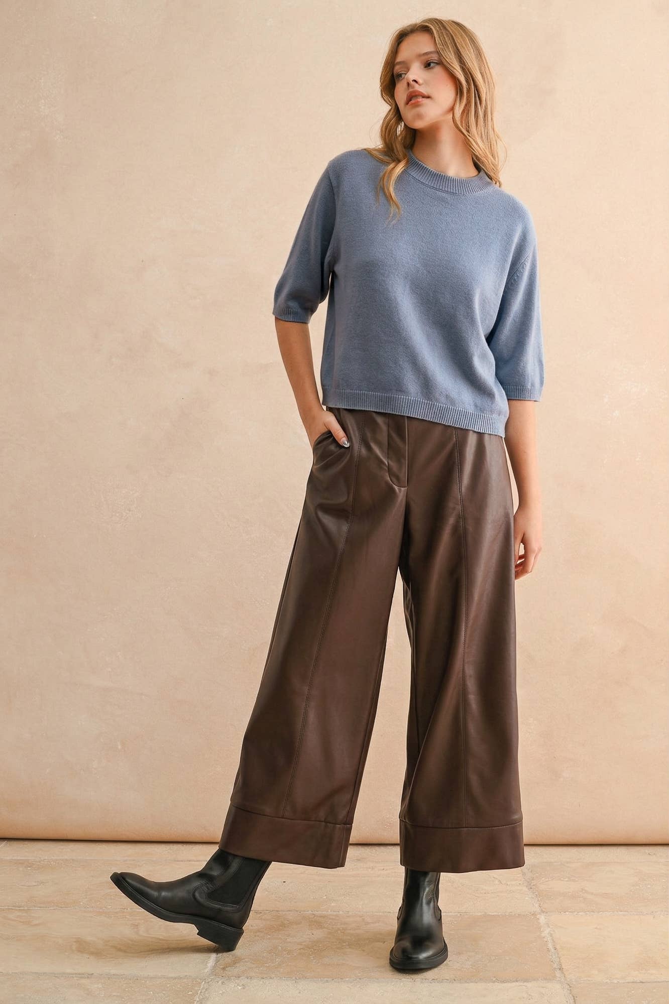 T3675   SHORT SLEEVE SWEATER TOP: CASHMERE BLUE / S