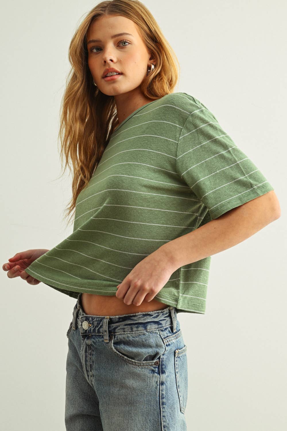 ET6395   STRIPE COTTON LINEN TOP: BEIGE/BLACK / S