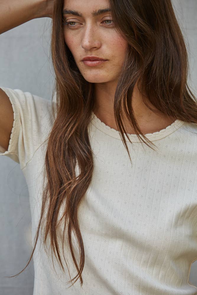 L10099T1 | Knit Cotton Pointelle Short Sleeve Top : Cream / L