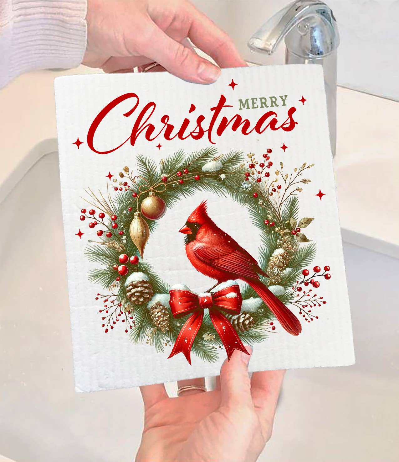 Merry Christmas Wreath Cardinal Bird Swedish Dishcloth