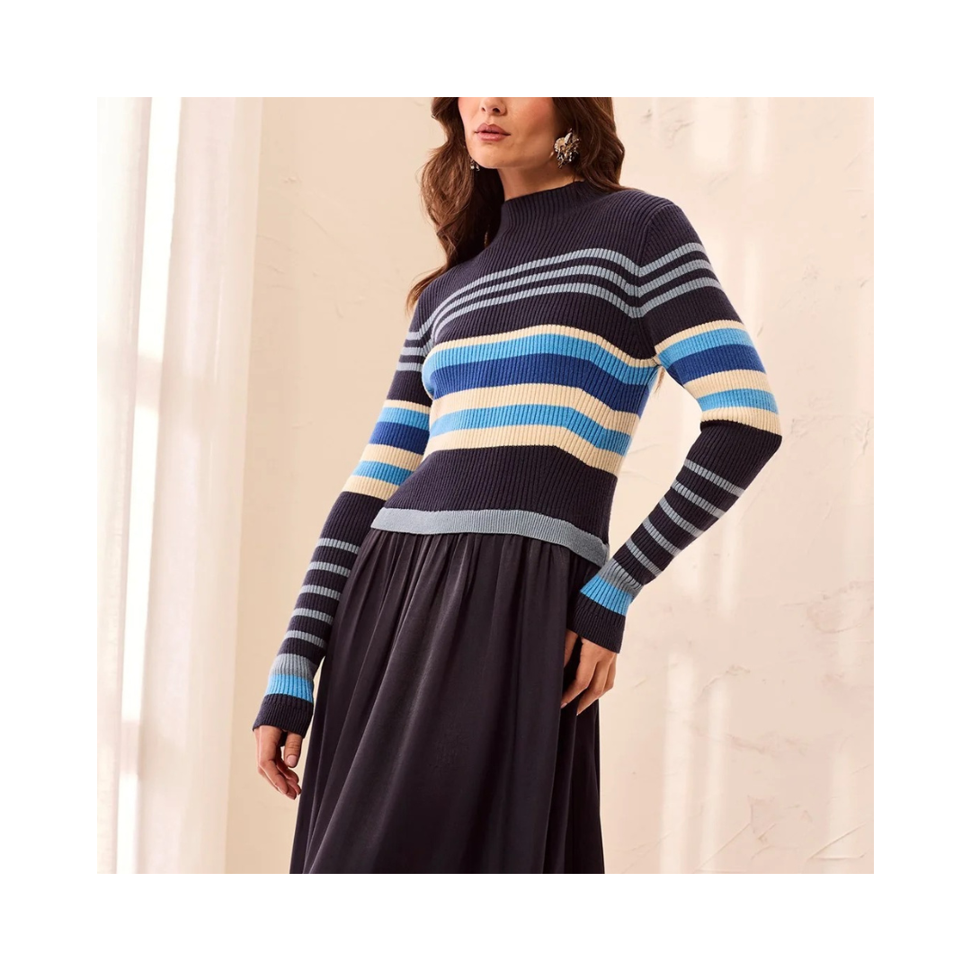 Blue Fog Mixed Media Ribbed Knit Maxi Dress