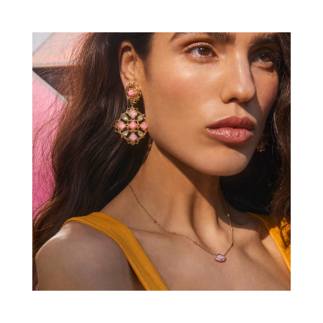 Elisa Gold Lattice Frame Necklace in Blush Ivory Mother of Pearl