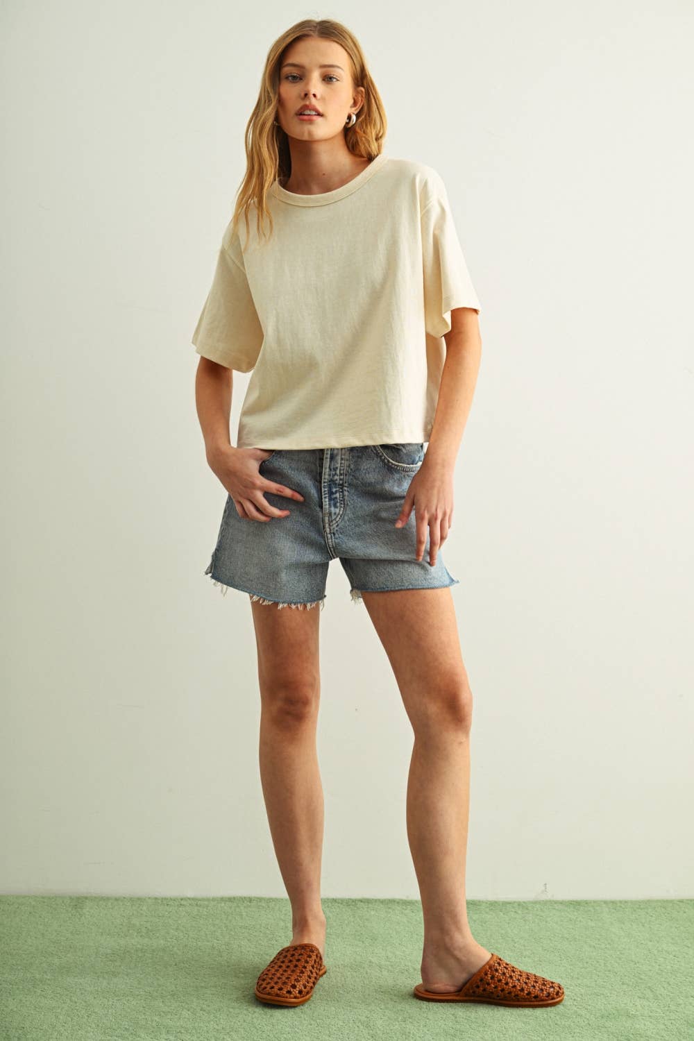 ET6399   SHORT SLEEVE LINEN KNITTED TOP: WHITE / S