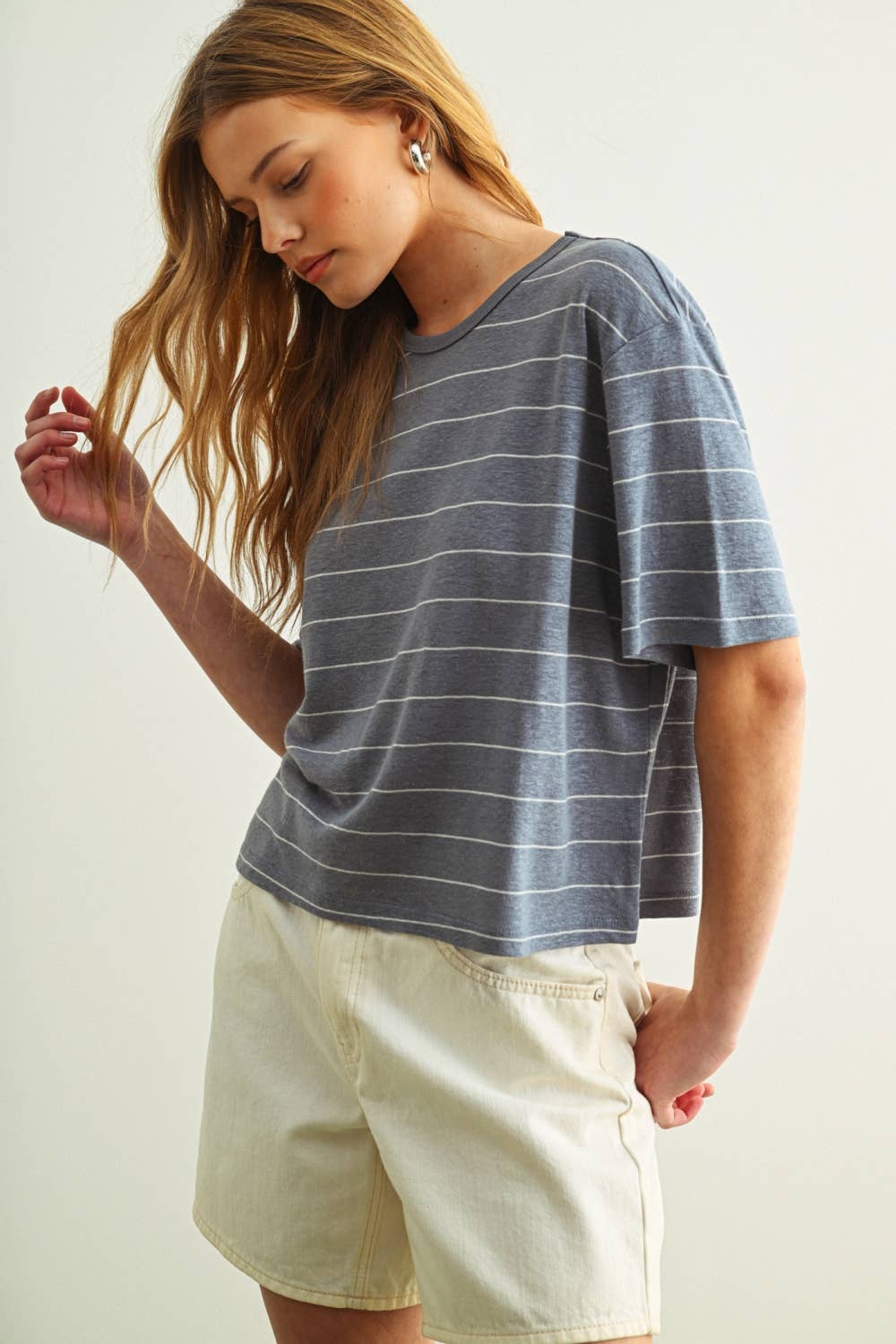 ET6395   STRIPE COTTON LINEN TOP: BEIGE/BLACK / L