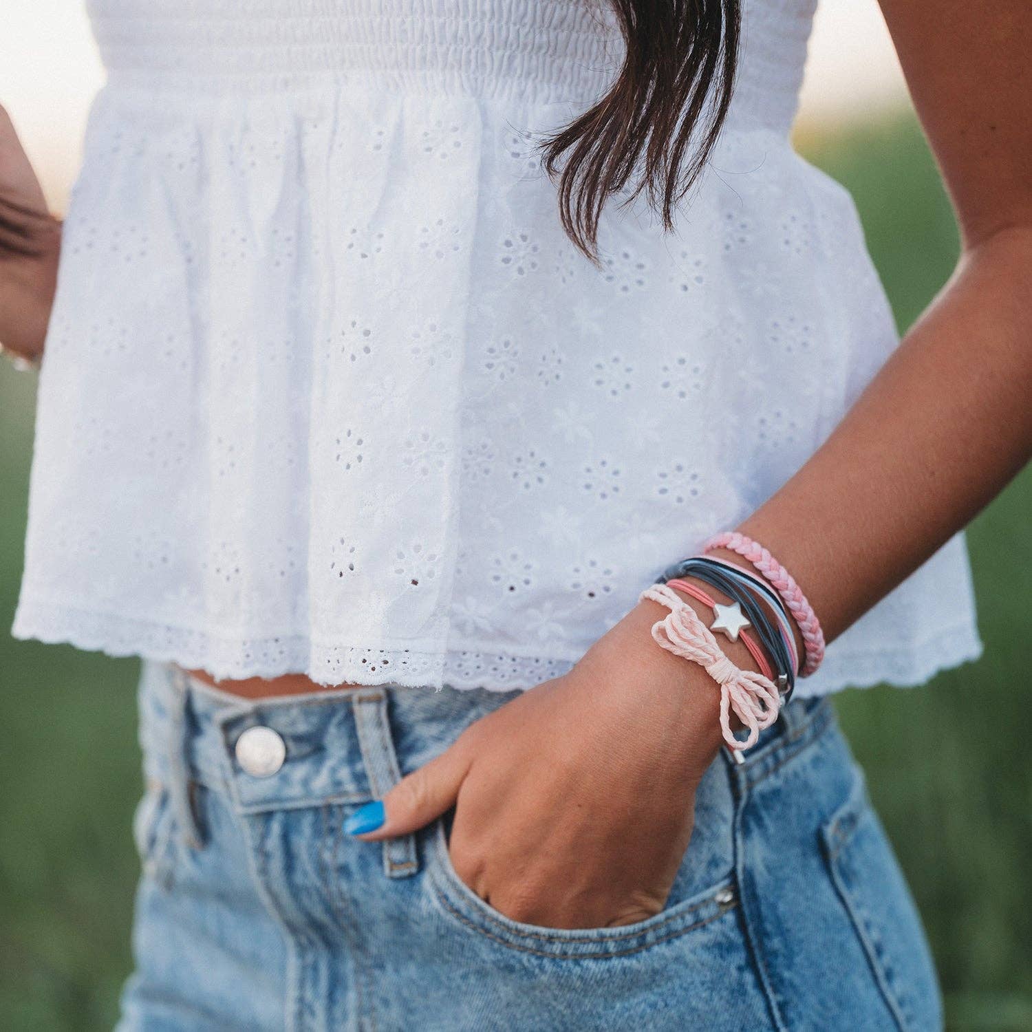 "Wish" Pink Bow and Star Hair Tie Bracelet: Medium
